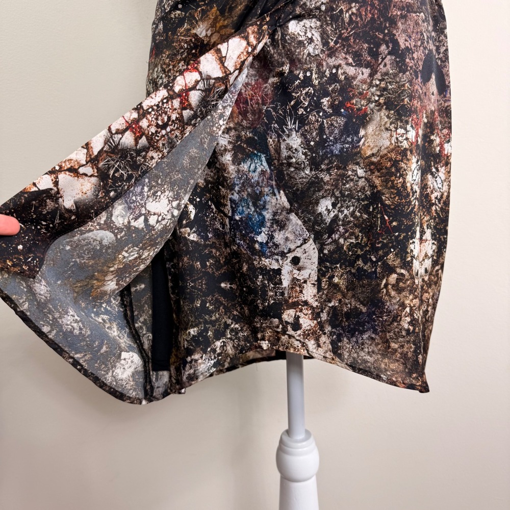 Helmut Lang Abstract Earth Tone Ruched Cowl Neck Sleeveless Sheath Dress Size 2 - Picture 8 of 13